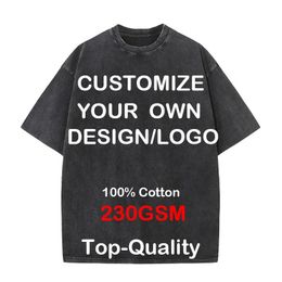 Custom Your Hip Hop Streetwear Men 100% Cotton T-shirts Oversized Washed Top Tee Unisex Summer Retro Brand Personalised 240307