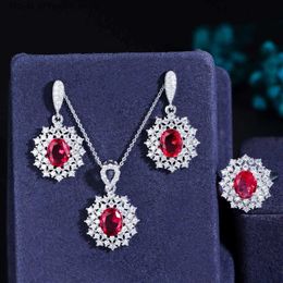 Wedding Jewellery Sets CWWZircons 3-piece Gorgeous Rose Red Cubic Zirconia Crystal Silver Plated Flower Earrings Necklace Jewellery Set for Women T618 Q240316