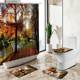 Shower Curtains Forest Lake Scenery Shower Curtain Autumn Park Sunshine Trees Maple Leaf Landscape Bath Mat Toilet Lid Cover Bathroom Carpet Set Y240316