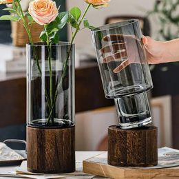 Vases Simple European hydroponic plant household living room table inserted flower wood base transparent glass vase Home Decor 240306