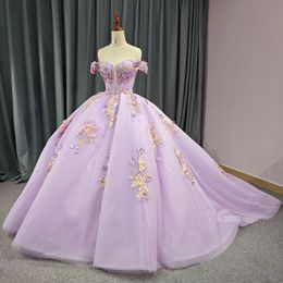 Lilac Shiny Quinceanera Dress Off Shoulder Corset Ball Gown Applique Lace Flower Beads Tull Sweet 16 Vestidos De 15 Anos
