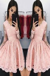 2018 New Sweet Pink V neck Short Cocktail Dresses Longsleeves Aline Lace Applique Mini Homecoming Dresses Cheap8227760