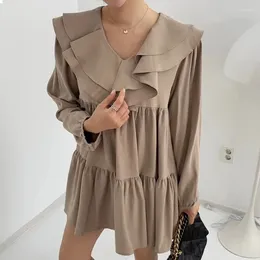 Casual Dresses SuperAen Korea Chic Autumn Retro V-neck Stitching Double Ruffled Folds Layered Loose Shirt Dress Woman