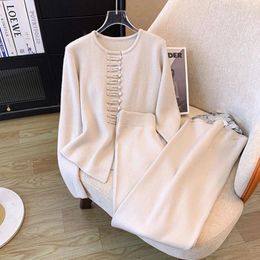 Women's Two Piece Pants Suit Knitted 2 Pieces Set Tracksuits Women Autumn Personal Button Casual O-neck Loose Sweater Wide Leg Suits Cloth