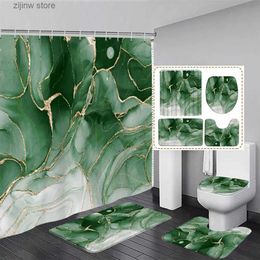 Shower Curtains Abstract Marble Shower Curtain Set Gold Lines Green Texture Geometric Pattern Modern Home Bathroom Decor Bath Mats Toilet Cover Y240316