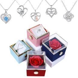 Decorative Flowers Rotating Rose Gift Box Acrylic Ring Necklace Preserved Flower Jewellery For Girlfriend Mother Valentine's Day Christmas