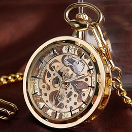 Vintage Necklace Steampunk Skeleton Mechanical Fob Pocket Watch Clock Pendant Hand-winding Men Women Chain Gift208L