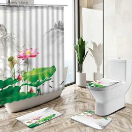 Shower Curtains Chinese Lotus Flower Shower Curtain Zen Ink Landscape Painting Art Home Decor Bath Mat Toilet Cover Flannel Bathroom Carpet Set Y240316