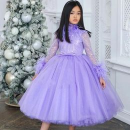 Girl Dresses Jill Wish Luxury Arabic Lilac Dress Feathers Long Sleeve Dubai Kids Princess Birthday Wedding Party Ball Gown 2024 J371