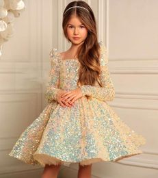 Gold Girls Pageant Dresses Sequined Toddler Ball Gowns Jewel Long Sleeves Formal Kids Party Christmas Gown Flower Girl Dresses for4365869