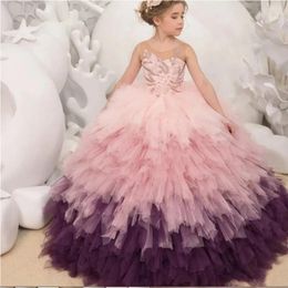 Girl Dresses Shiny Beaded Princess Flower Dress For Wedding Tiered Tulle Puffy Baptism First Communion Gown A-line Birthday Party