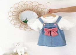 Summer Girls039 Suit Bowknot Denim Strap Dress Baby Fashion Puff Sleeve Shirt Sweet Set Children039s Toddler Clothing Girl1763214