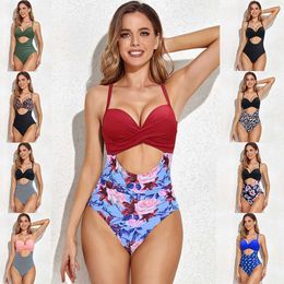 Women's Swimwear Leopard Swimsuit One Piece Sexy Cut Out Swimwear Women 2023 Patchwork Bathing Suit Cross Back Bodysuit Brazilian Monokini S-XXLC24315