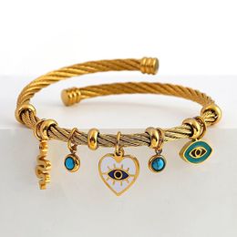 Enamel Snake Heart Evil Eye 14k Yellow Gold Charm Bangles Bracelets for Women Waterproof Fasion Jewelry