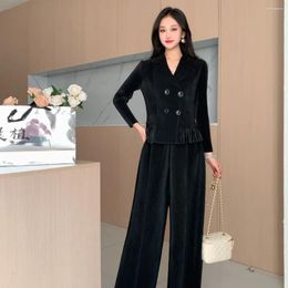 Women's Two Piece Pants Miyake Pleated Casual Suit Female Spring And Fall Tassel Collar Long-sleeved Blouse Nine Large Size Two-piece Set