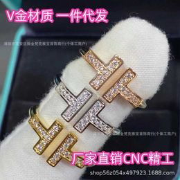 Tifaniym classic Rose Gold Double T White Fritillaria Ring V Material CNC Precision Opening 18K Plain with Diamond Light Luxury