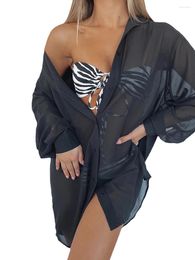 Women S Bikini Cover Up Long Sleeve Solid Colour Button Down Shirt Bathing Suit Cover-up Beachwear