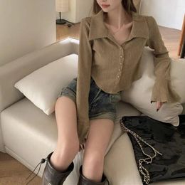 Women's Blouses Spring Women Top Striped Print Irregular Lapel Blouse Fashion Statement With Long Trumpet Sleeves Loose Fit