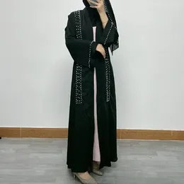 Ethnic Clothing Women Eid Muslim Abaya Long Sleeve Dubai Cardigan Diamonds Abayas Kaftan Vestidos Arab Modest Belt Robe Pearls Loose