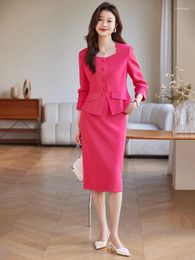Two Piece Dress Fuchsia Women's Skirts Sets Square Neck Blazer Slim Skirt Pink Black Elegant French Outfits For Birthday Party Office Lady