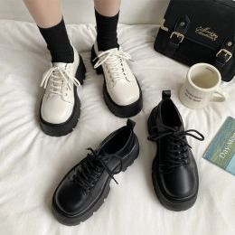 Boots 2022 New Women Loafers Female Fashion Platform Pu Block Heels Lolita Shoes Ladies Cute Lace Up Shallow Autumn Sudents Footwear