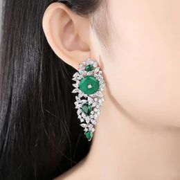 HUAMI Long Design Inlaid Cubic Zircon Drop Earrings Jade Emerald Green Chalcedony Natural Jewellery for Women Luxury Costume Earri 240228