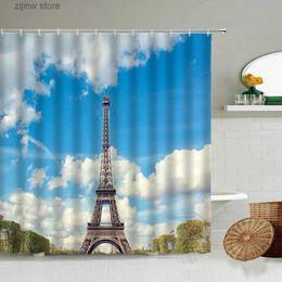 Shower Curtains Paris France Tourist Attractions Shower Curtain Iron Tower Building Blue Sky White Clouds Natural Photography Bathroom Screen Y240316