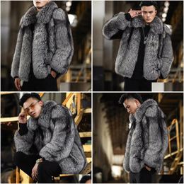 Mens Leather Faux High Quality Furry Fur Coats And Jackets Sier Grey Fluffy Top Coat Turn Down Collar Thick Warm Winter Jacket Man Dro Dh7Ot