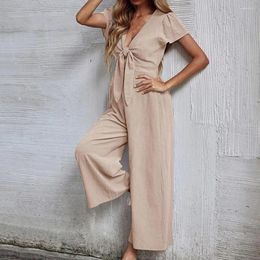 Women's Pants Lightweight Casual Jumpsuit Stylish Summer Jumpsuits V-neck Lace-up Romper Wide Leg Streetwear Short Sleeve