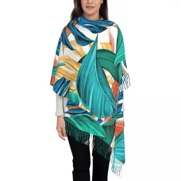 Scarves Unisex Scarf Outdoor Tropical Leaves With Long Tassel Green And Blue Plant Y2k Cool Shawl Wrap Winter Design Bandana