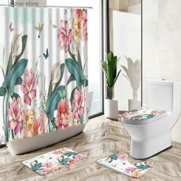 Shower Curtains Flower Blooming Scenery Shower Curtain Butterfly Floral Green Plant Watercolor Art Non-Slip Rug Toilet Cover Bathroom Deco Set Y240316