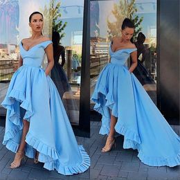 Light Blue High Low Prom Dresses Off The Shoulder Satin A Line Sweep Train Evening Dress Ruffles Long Formal Party Dress