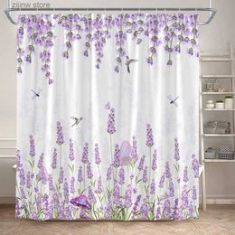 Shower Curtains Purple Floral Lavender Shower Curtains Mushroom Hummingbird Dragonfly Watercolour Plant Flower Bathroom Curtain Cloth Home Decor Y240316