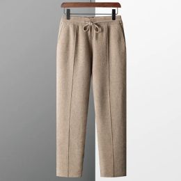 Autumn Winter Mens Wool Pants Heavyweight Knitted Casual Pants Men Solid Color Drawstring Straight Warm Trousers Man 100%