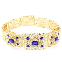 Sunspicems 18K Gold Color Blue Crystal Morocco Caftan Belt For Women Algera Bride Wedding Belt Jewelry Decorative Waist Chain 240313