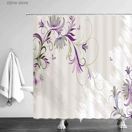 Shower Curtains Floral Shower Curtains Decor Flowers Butterfly Nature Spring Plant Hand Draw Violet Lilac Mauve Fabric Bathroom Decor with Hooks Y240316