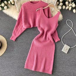 Work Dresses Women Elegant Solid Two Piece Suit Casual Knitted Dress Pullover Top And Bodycon 2 Set Jumper Midi Party