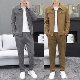 Men Corduroy Sets Autumn Two Piece Long Trousers and Jakcet Clothing Casual Track Suit Male Big Pockets Sweatsuits 240315