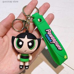Keychains Lanyards Types of The Powerpuff Girls Cute Keychain for Women Bubbles Anime Peripherals Doll Keyring Blossom Car Keychain Bag Charm Y240316