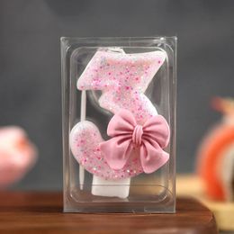 3D Number Cake Decorating Candles Glitter Pink Bow Digital Topper Birthday Party Memorial Day Decoration 240306