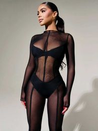 Women's Pants Capris Long Sleeve Mesh Pants 2023 Autumn Ins New Women's Sexy Perspective Jumpsuit T240316