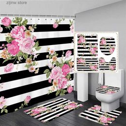 Shower Curtains Pink Flowers Shower Curtain Set Black And White Striped Plant Floral Bath Mat Anti-slip Rug Toilet Lid Cover For Bathroom Decor Y240316