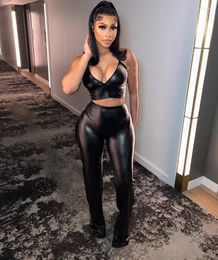 Women's Two Piece Pants KEXU Streetwear Faux Leather PU Women 2 Set Outfits Halter Neck Crop Top And Wide Leg 2024 Summer Sexy Tracksuit