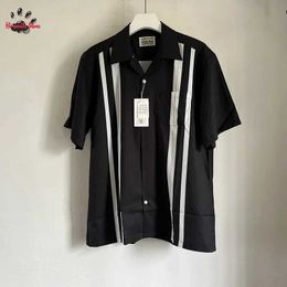 Men's Casual Shirts Casual Striped Splice WACKO MARIA Haiian Lapel Shirts Men Woman 1 1 Best Quality Summer Black White TopsC24315