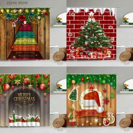 Shower Curtains Merry Christmas Shower Curtain Xmas Tree Holiday Gifts Vintage Old Wooden Farmhouse Bathroom Decor With Hook Waterproof Screen Y240316