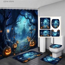 Shower Curtains Halloween Shower Curtain Set Forest Pumpkin Dead Trees Tombstone Horror Night Bathroom Decor Floor Rug Bath Mat Toilet Lid Cover Y240316