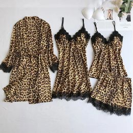 Sleepwear Leopard Print Sexy Women Pamas Sets Satin Sleepwear Pijama Silk Home Wear Embroidery Sleep Lounge Pyjama Nightwear Lingerie #w