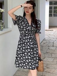 Party Dresses Women Black Floral Chiffon Flare Sleeve Mini Dress 2024 Korean Vintage Hepburn Prom Summer Elegant Bodycon Vestidos