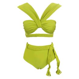 Women's Swimwear 2024 Braid Bikini Swimsuit High Waist with Belt Swimwear for Women Cut Out Two Piece Bathing Suits Push Up Summer FeC24315