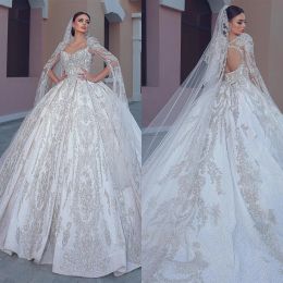 Elegant Ball Gown Wedding Dresses V Neck Beads Applique Lace Bridal Gowns Custom Made Long Sleeve Hollow Back Sweep Train Vestido De Novia